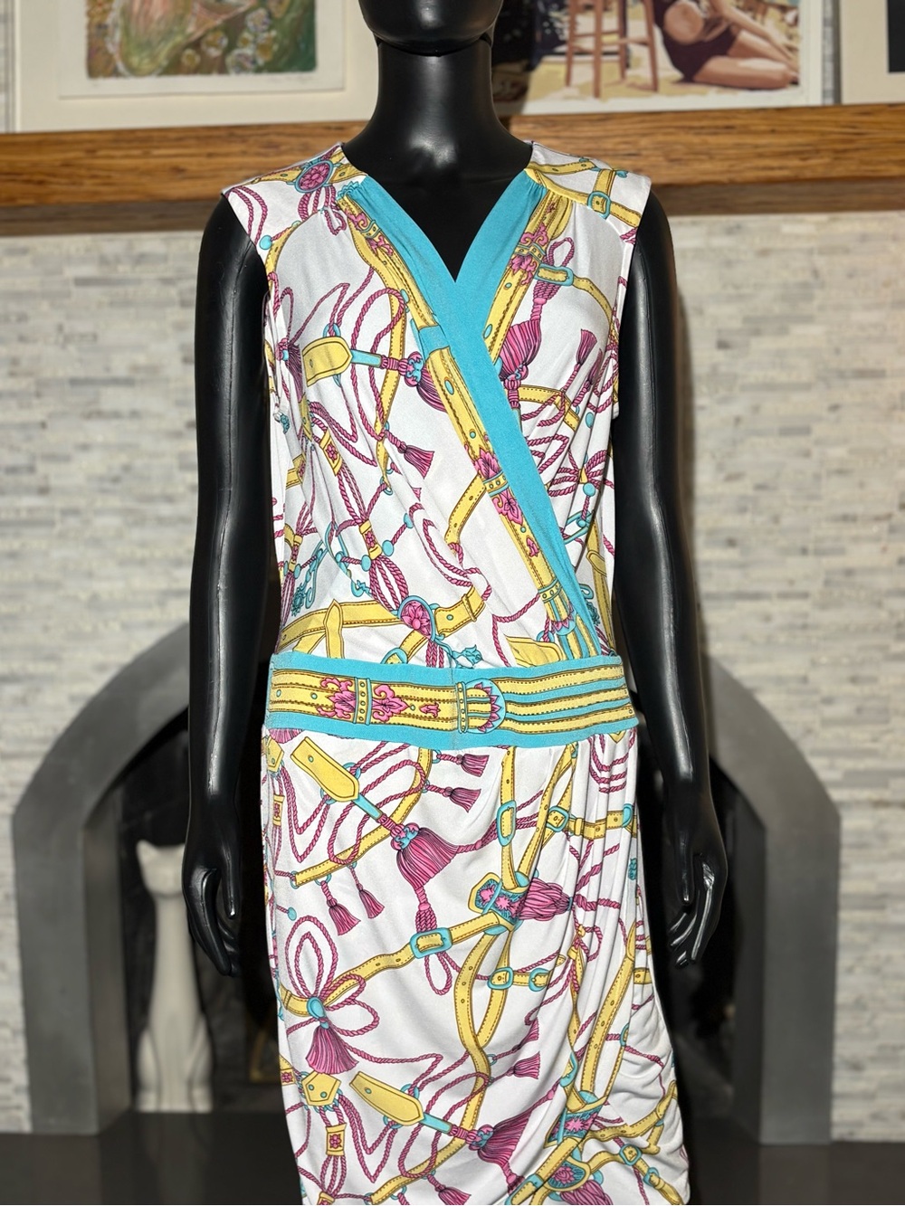 VTG Caché Sleeveless Equestrian Scarf Print Midi Wrap Dress Size L Turquoise